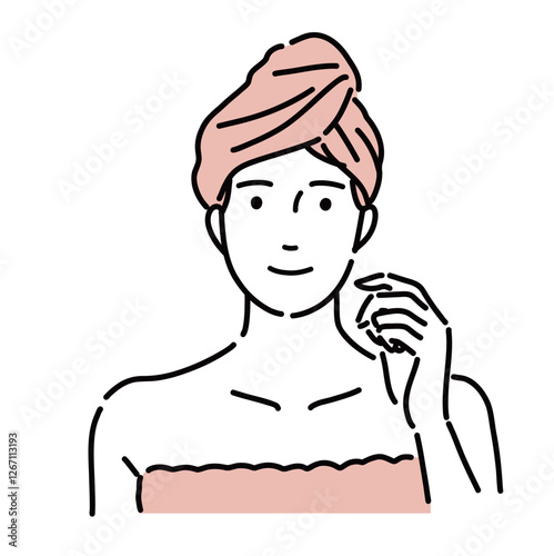 頭にタオルラップをして微笑む綺麗な女性のイラスト