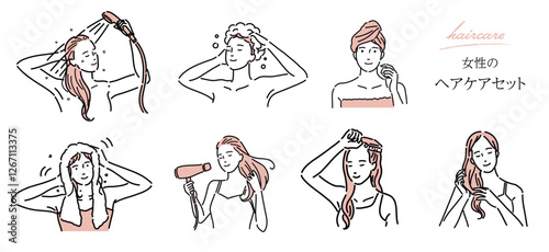 洗髪やドライヤー、ブラッシングなどのヘアケアをする綺麗な女性達のイラスト