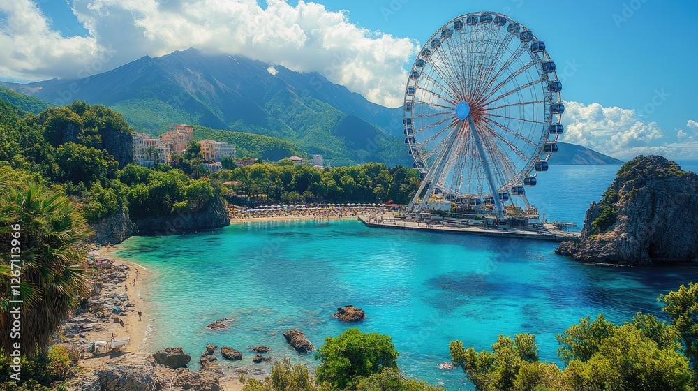Scenic view of a vibrant beach with a Ferris wheel, mountains in the background, and clear water Scenic view of a vibrant beach with a Ferris wheel, mountains in the background, and clear water