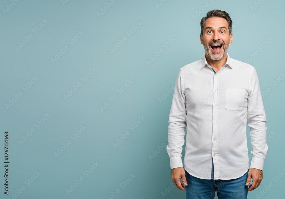 Excited Middle-Aged Man Smiling in Casual Apparel on Blue Background - Perfect for Lifestyle, Business, and Content Creation Needs Excited Middle-Aged Man Smiling in Casual Apparel on Blue Background - Perfect for Lifestyle, Business, and Content Creation Needs