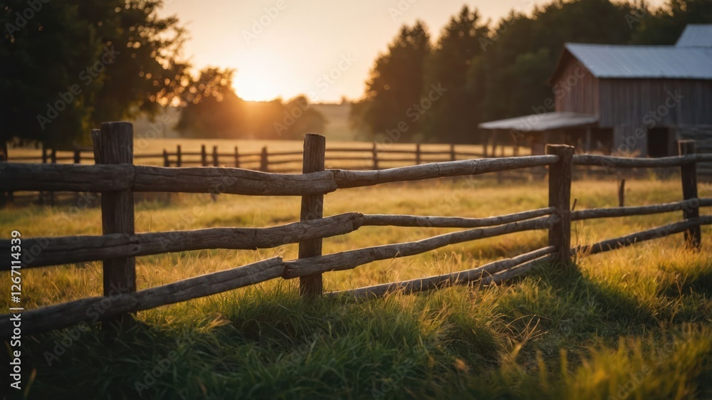 A serene sunset over a rustic farm with a wooden fence and barn. A serene sunset over a rustic farm with a wooden fence and barn.