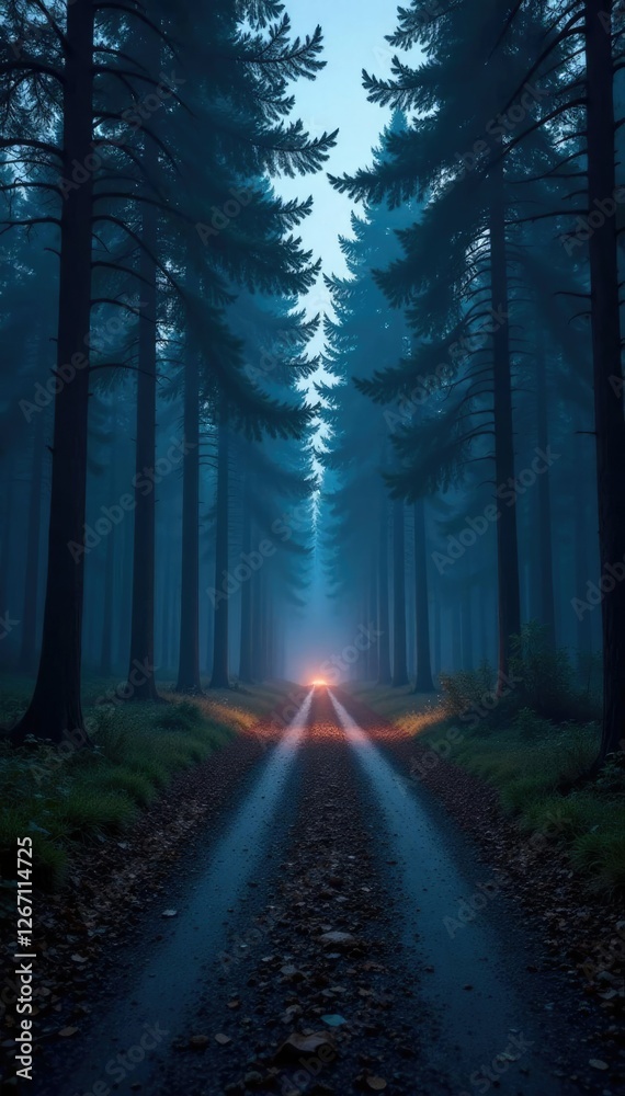 Obraz premium The road disappears into the dark forest's depths, twilight, forest, road