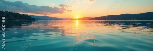Teal and turquoise ripples on a peaceful lake surface at sunset, gentle waves, lake