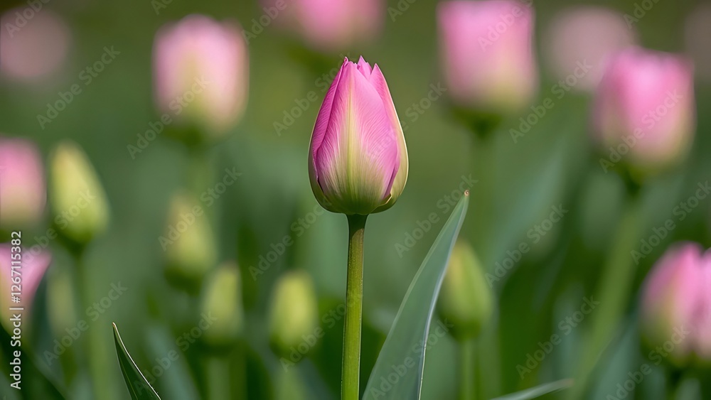 Pink tulip blooming, garden, spring, blurred background, greeting card Pink tulip blooming, garden, spring, blurred background, greeting card