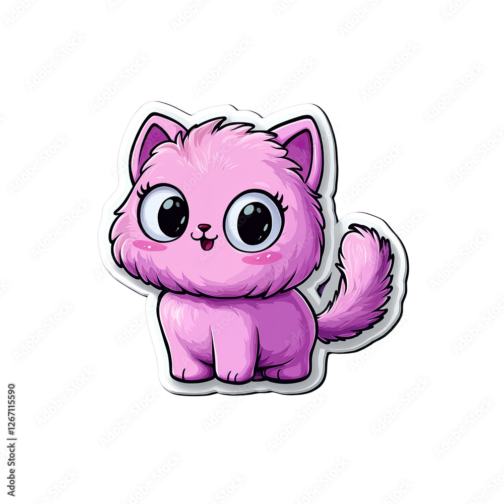 Obraz premium Adorable Pink Fluffy Kitten Cartoon Sticker Design
