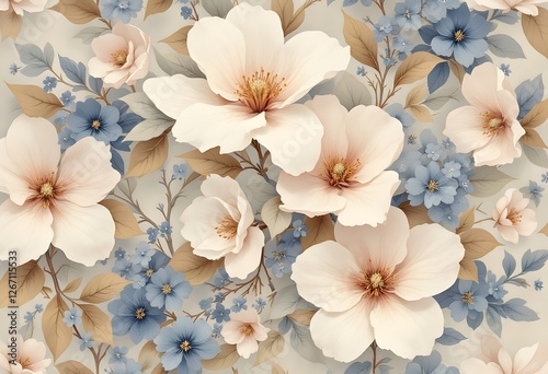 Elegant Pastel Floral Pattern With Blue and Cream Toned Flowers and Leaves