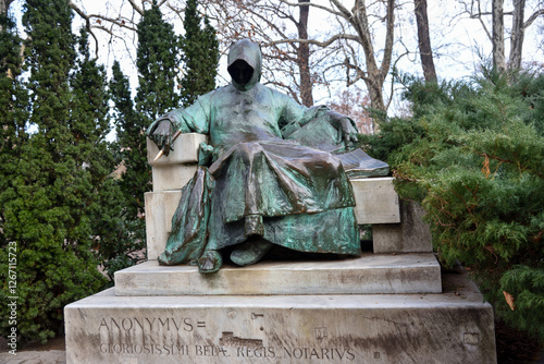 Budapest city, Hungarian capital - anonymous notarius, sculpture in City Park, near Vajdahunyad castle.