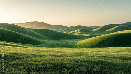 Green Hills Landscape, Rural Grassy Hills under a Hazy summer Sky. Soft Lighting Minimalism Background for Nature Panorama Wallpapre photo