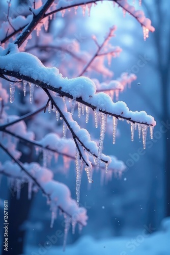 Wallpaper Mural Snow-covered tree branches adorned with frosty icicles in shades of blue and purple, frosty, purple Torontodigital.ca