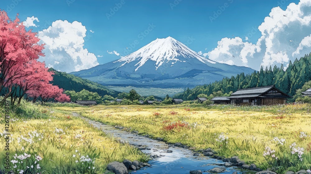 Fototapeta premium Serene landscape featuring a majestic mountain with snow-capped peak, vibrant flowers, and lush greenery