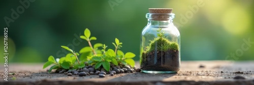 Small glass bottle with a miniaturized geological formation, miniature, glass container, natural photo