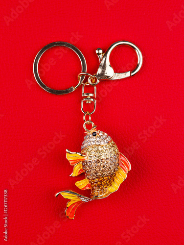 close up of funny fish keychain with  orange  rhinestones on red  background photo