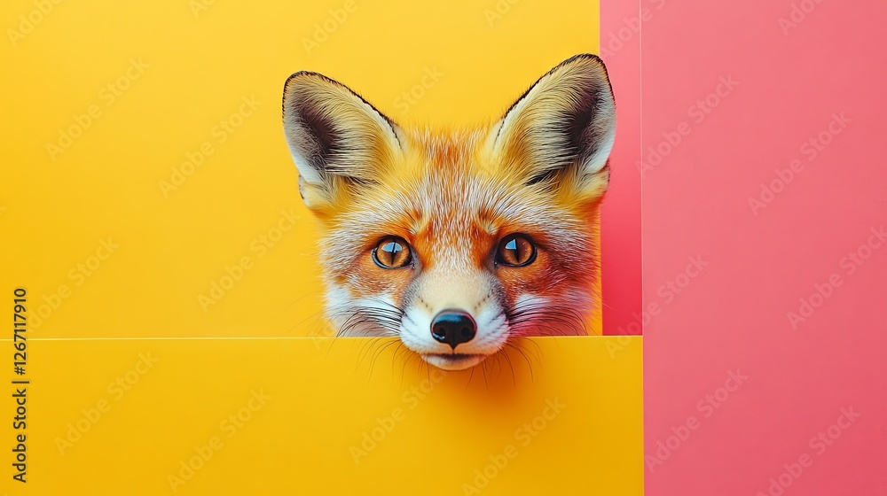 Obraz premium A charming fox curiously peeking over a lively pastel background, perfect for advertisements, banners, and greeting cards. Designed with ample space for text