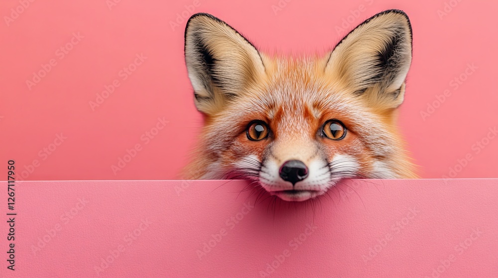 Obraz premium A charming fox curiously peeking over a lively pastel background, perfect for advertisements, banners, and greeting cards. Designed with ample space for text