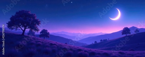 Muted lavender hills with silhouetted trees under starry night sky and a crescent moon shining bright, trees, starrynight, moonlight photo