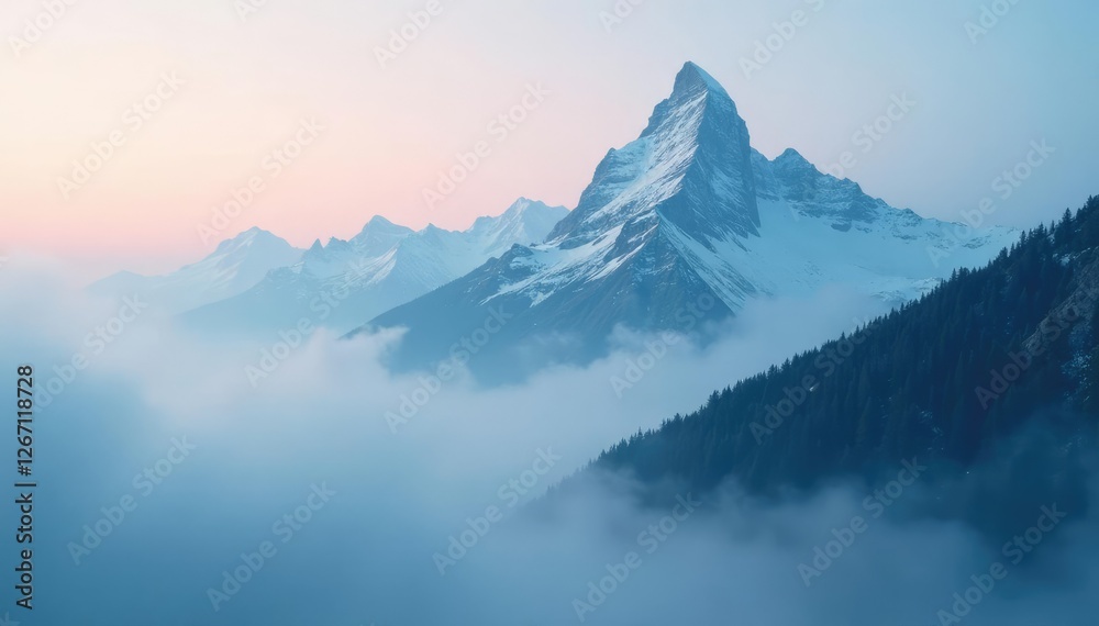 Mountain range shrouded in misty fog and snow, landscape, fog, eerie Mountain range shrouded in misty fog and snow, landscape, fog, eerie