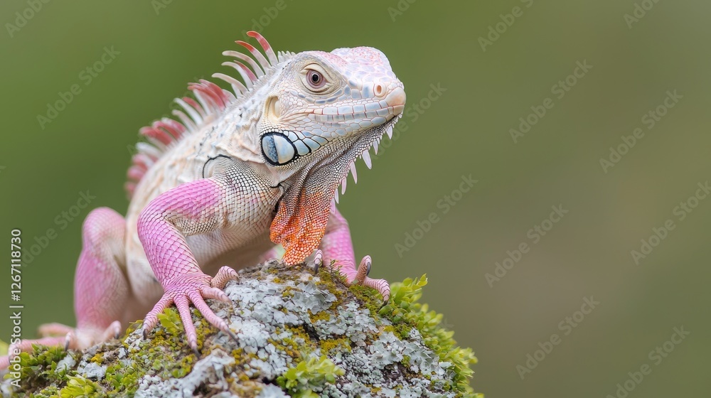 Fototapeta premium Pink iguana perched on moss, nature background, wildlife photography, exotic pet