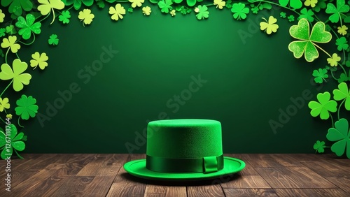 St. Patrick's Day green theme background wallpaper with lucky clover leaves. Highly detailed image with space in the center for editing. Vibrant and Dynamic Wallpaper