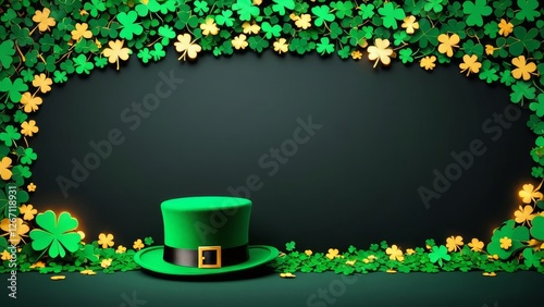 St. Patrick's Day green theme background wallpaper with lucky clover leaves. Highly detailed image with space in the center for editing. Vibrant and Dynamic Wallpaper