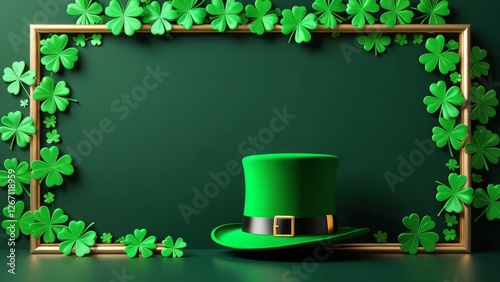 St. Patrick's Day green theme background wallpaper with lucky clover leaves. Highly detailed image with space in the center for editing. Vibrant and Dynamic Wallpaper