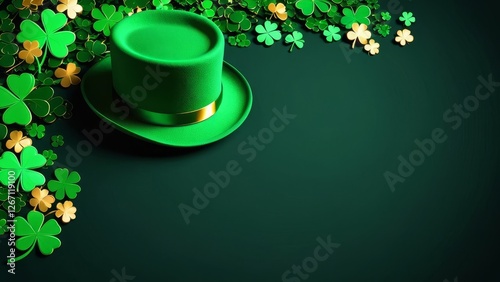 St. Patrick's Day green theme background wallpaper with lucky clover leaves. Highly detailed image with space in the center for editing. Vibrant and Dynamic Wallpaper
