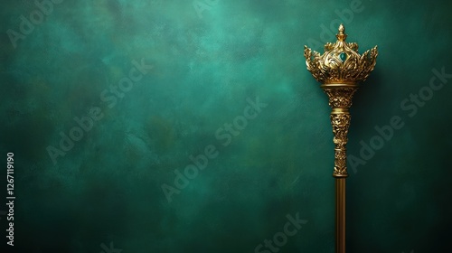 Ornate Gold Scepter Against Emerald Green Background