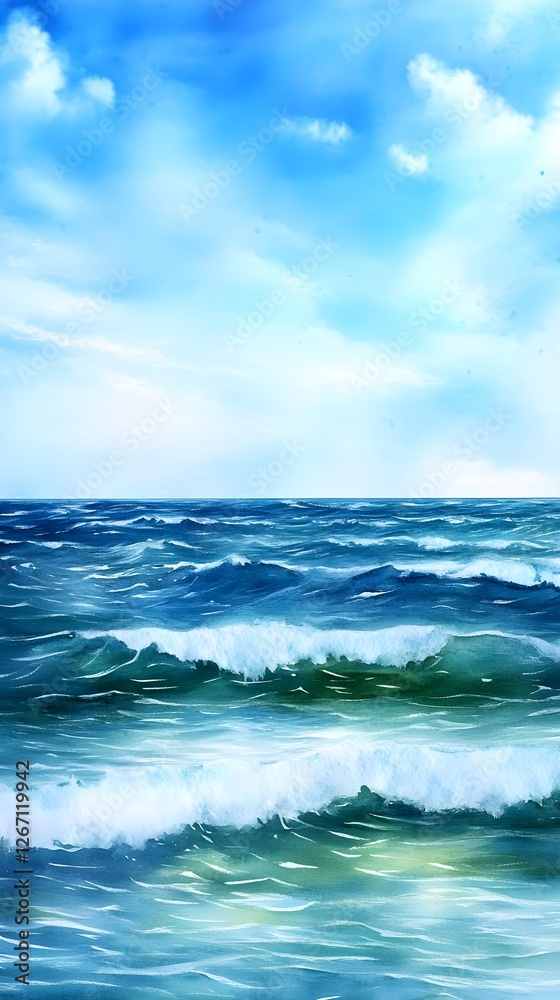 Ocean Waves, Blue Sea, Sky, Summer - Watercolor art Ocean Waves, Blue Sea, Sky, Summer - Watercolor art