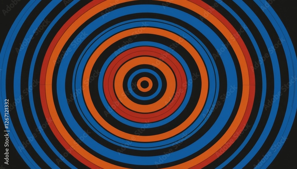 A bold graphic pattern of concentric circles in vibrant orange, blue, and red against a deep black backdrop, ideal for eye-catching design projects or modern artwork. A bold graphic pattern of concentric circles in vibrant orange, blue, and red against a deep black backdrop, ideal for eye-catching design projects or modern artwork.