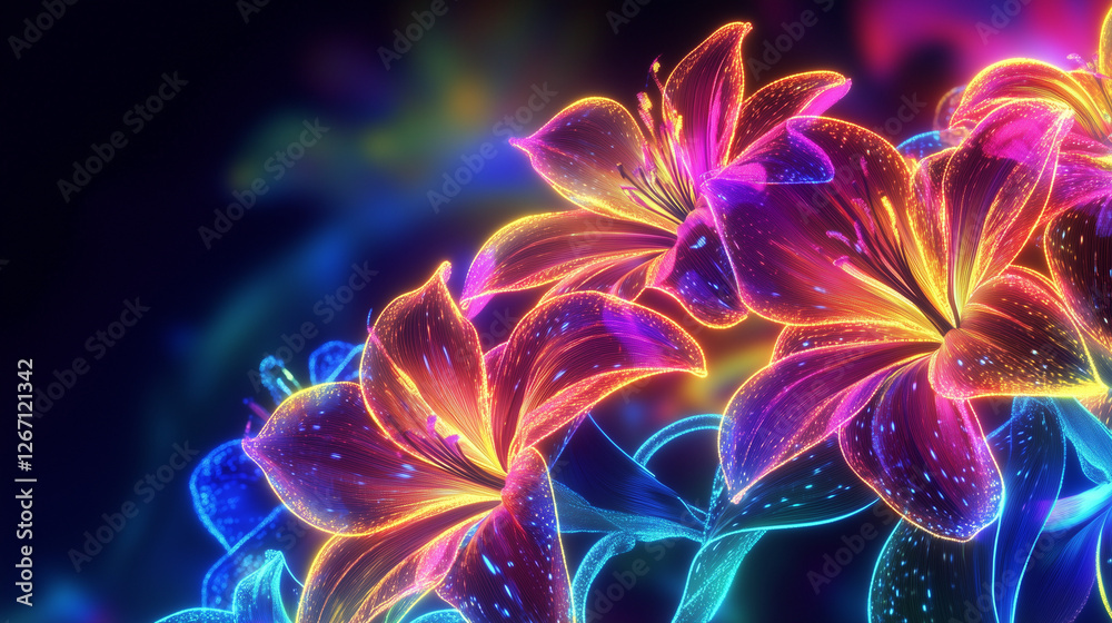 Obraz premium Neon Glowing Flowers Art. Vibrant neon flowers glowing against a dark background, perfect for digital art, parties, and modern designs.