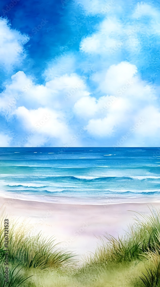 Serene Beach Landscape: Ocean & Sky - Watercolor effect Serene Beach Landscape: Ocean & Sky - Watercolor effect