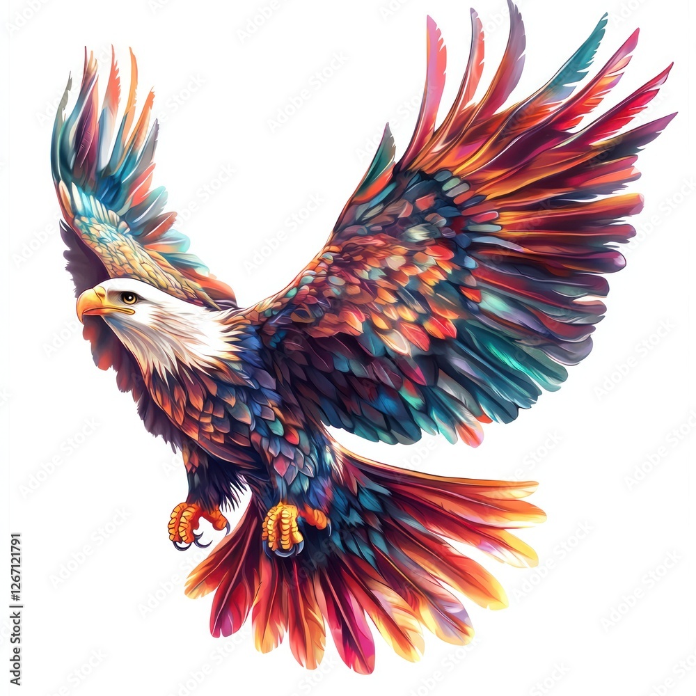 Fototapeta premium Colorful eagle soars in the sky, illustration, freedom symbol. Poster, art, design