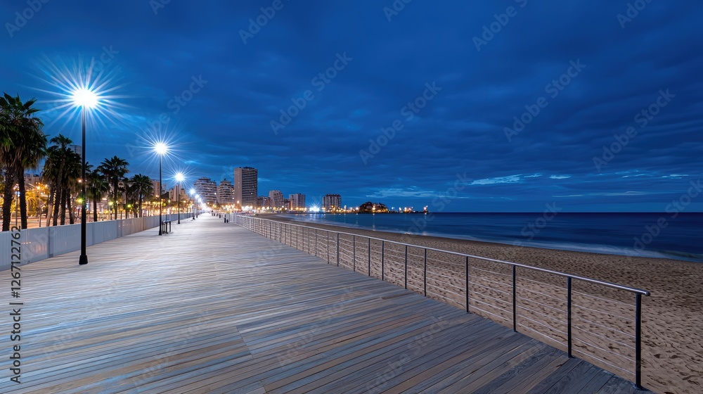 Obraz premium Coastal boardwalk at dawn, with city skyline, serene beach scene, photo