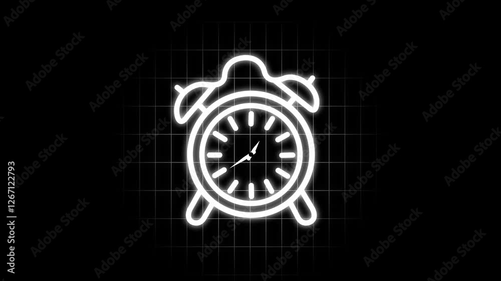 Glowing white neon alarm clock icon on black background for time management concept Glowing white neon alarm clock icon on black background for time management concept