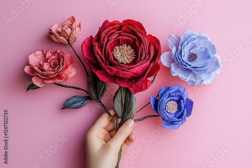 Hand holding a bouquet of vibrant paper flowers on a pink background