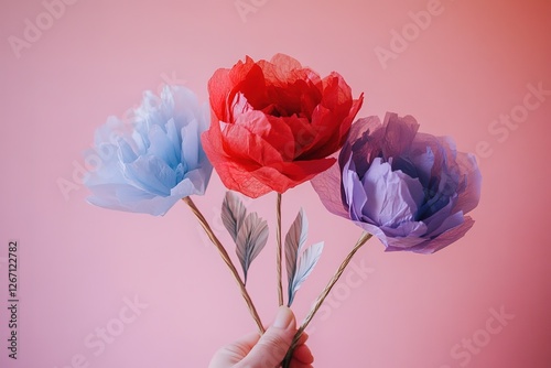Hand holding a bouquet of vibrant paper flowers against a soft pink background.