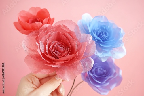 Delicate Paper Roses in Vibrant Colors on a Pastel Background