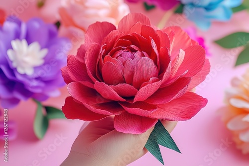 A Hand Holds a Vibrant Paper Flower Arrangement