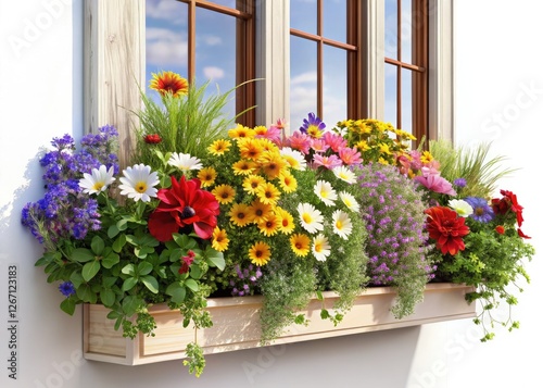 A high-detail 3D render showcases a windowsill overflowing with summer flowers, depth of field emphasized.