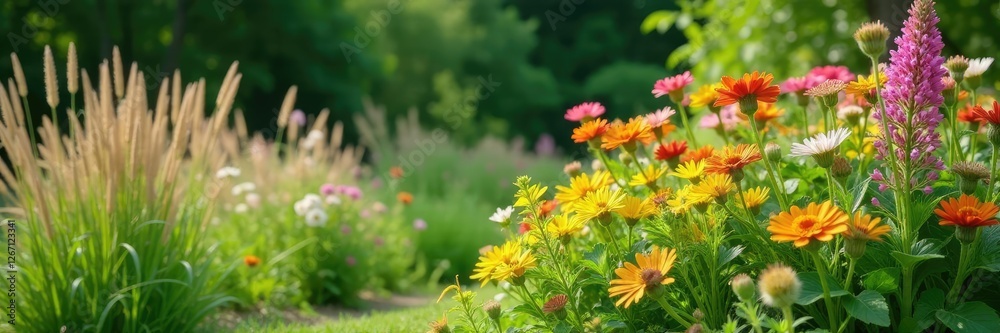 A serene flowerbed features a mix of ornamental grasses and blooming flowers, ornamental grass, wildflowers, foliage A serene flowerbed features a mix of ornamental grasses and blooming flowers, ornamental grass, wildflowers, foliage