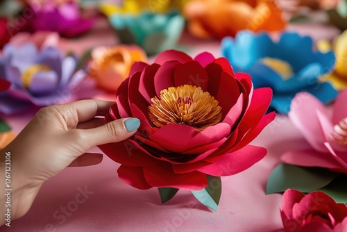 Hand reaching for a vibrant paper peony amidst a colorful floral display.