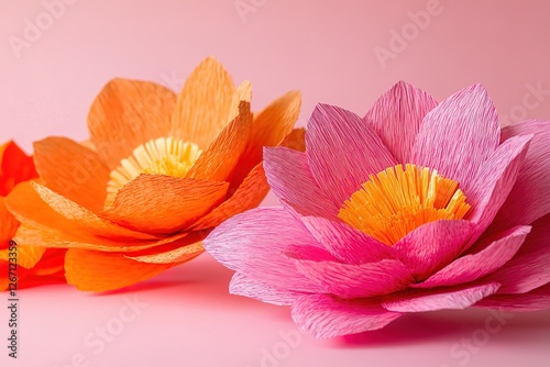 Close-up of vibrant orange and pink paper flowers on a pastel pink background