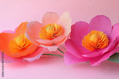 Vibrant Pink and Peach Paper Flowers on a Pastel Background