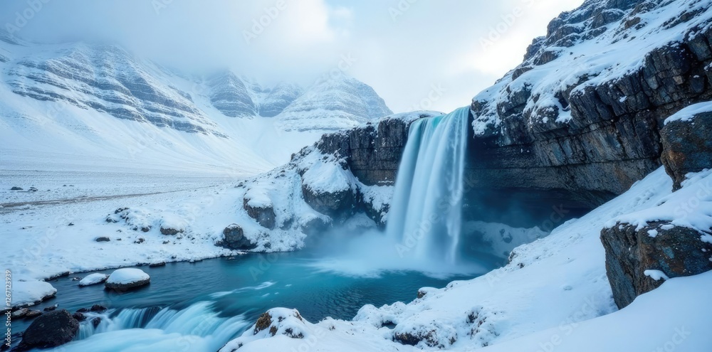 A frozen waterfall cascading down a snow-covered mountain slope, alps, waterfall A frozen waterfall cascading down a snow-covered mountain slope, alps, waterfall