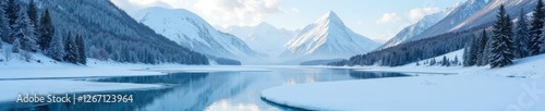 Wallpaper Mural A frozen lake on a snowy mountain with trees and mountains in the background, snow, ice, frozen Torontodigital.ca