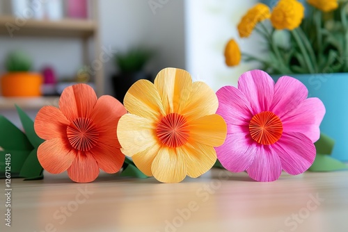 Vibrant Paper Flowers Displayed on a Wooden Surface