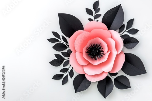 Elegant Pink Paper Rose with Black Leaves on White Background