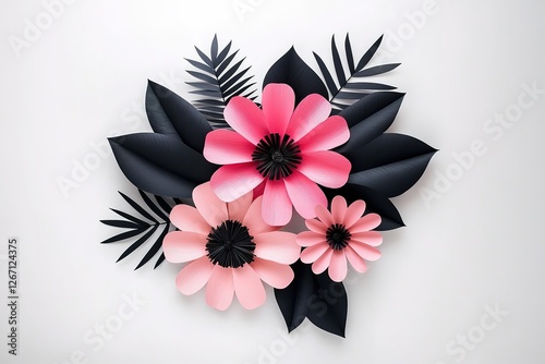 Elegant Pink and Black Paper Flower Arrangement on White Background