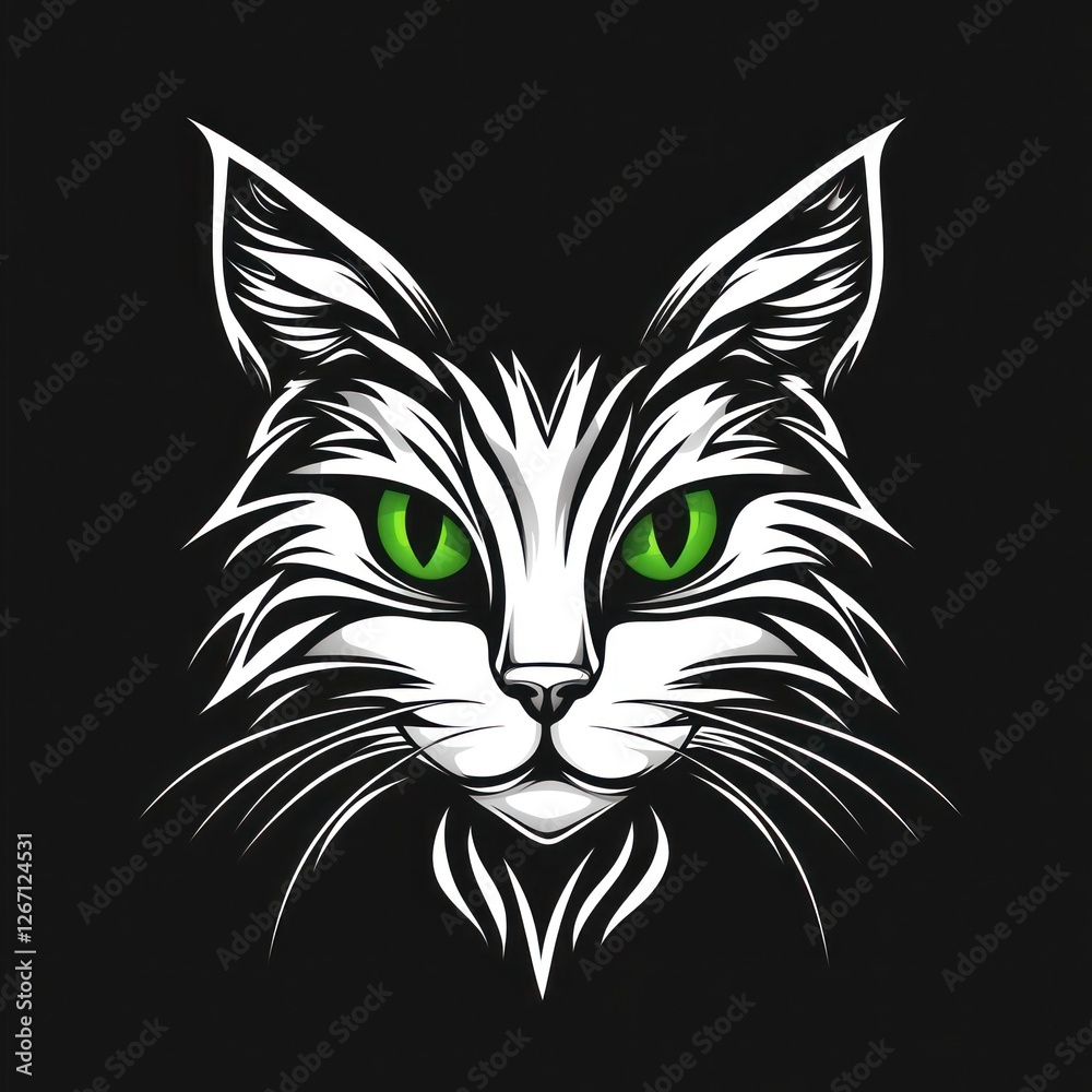 Obraz premium Green-eyed white cat portrait, dark background, graphic design, for print