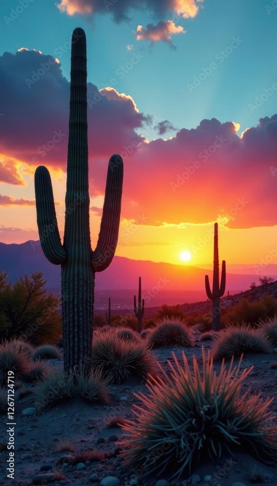 Towering agaves are framed against a brilliant blue and orange sunset sky, desert, sky Towering agaves are framed against a brilliant blue and orange sunset sky, desert, sky