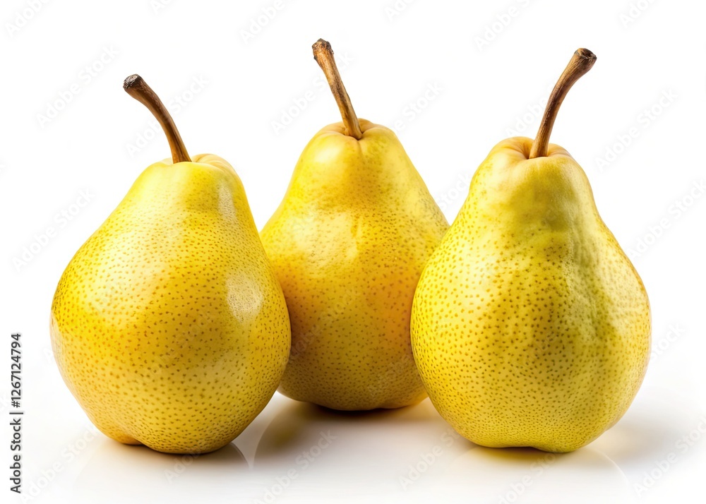 A pristine white background showcases the luminous yellow hues of freshly picked pears. A pristine white background showcases the luminous yellow hues of freshly picked pears.